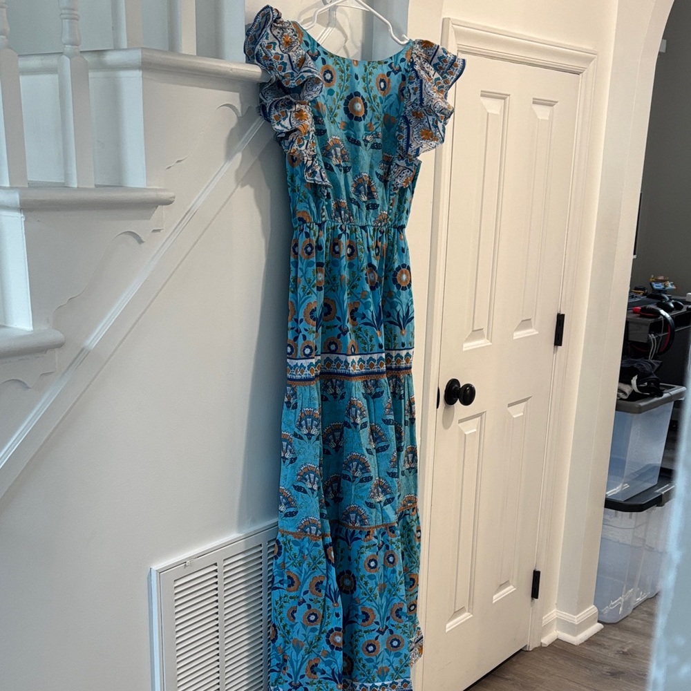 Ash & Eden Floral Block Print Ruffle Sleeve Blue Maxi Dress Size S